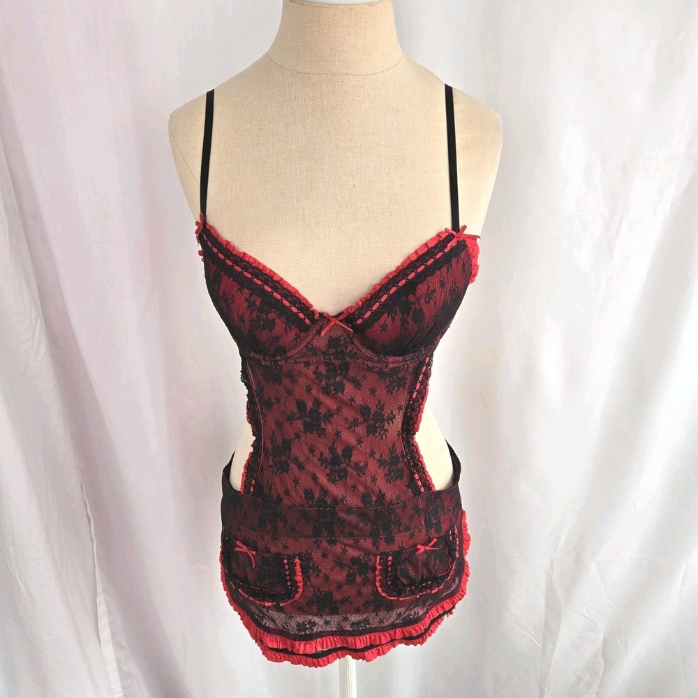 Victoria's Secret Lace Apron Top Size 34B Push Up Black Red‎ Lingerie Sexy Maid